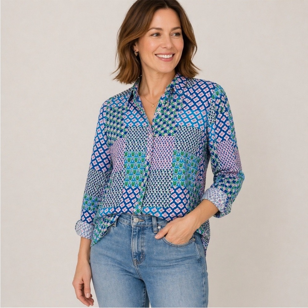 Talbots Patchwork Print Floral Cotton Button Down Shirt Petite XS